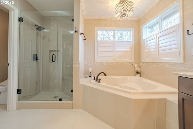 full bathroom with crown molding, vanity, shower with separate bathtub, and toilet