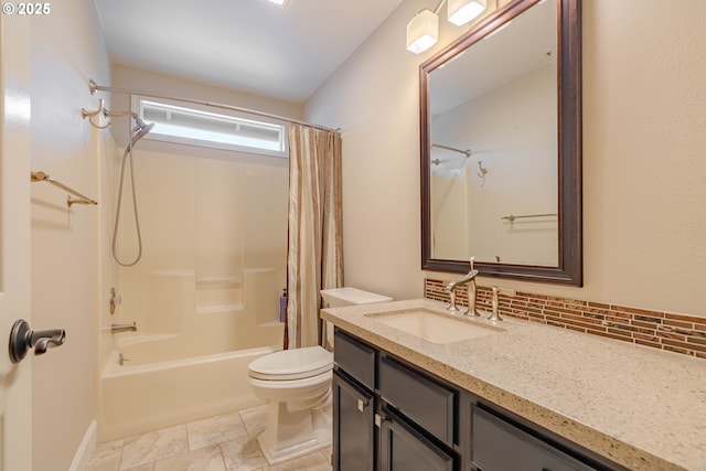 full bathroom with decorative backsplash, vanity, toilet, and shower / bath combo with shower curtain