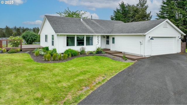 657 Summit Ave, Gearhart, OR 97138 - ranch-style house featuring an attached garage, a shingled roof, driveway, and a front lawn