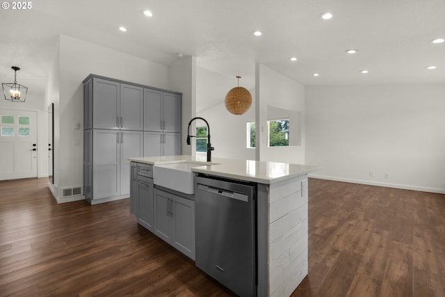 657 Summit Ave, Gearhart, OR 97138 - kitchen featuring stainless steel dishwasher, a sink, gray cabinetry, dark wood finished floors, and recessed lighting