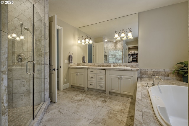 21540 SW 110th Pl, Tualatin, OR 97062 - bathroom featuring double vanity, a garden tub, a stall shower, and a chandelier
