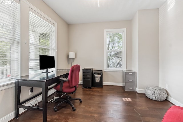 home office with dark hardwood / wood-style floors