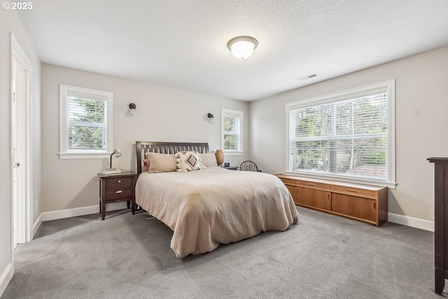 bedroom with light colored carpet, multiple windows, and a textured ceiling