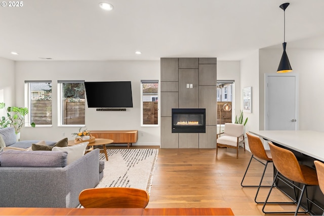 living room with light wood-type flooring and a fireplace