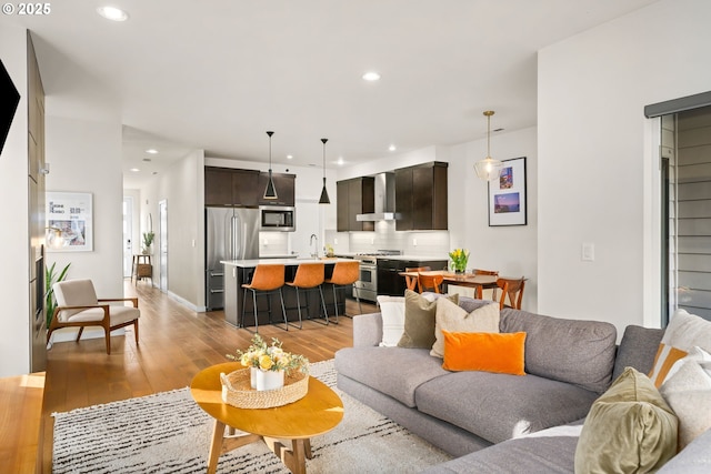 living room featuring sink and light hardwood / wood-style flooring