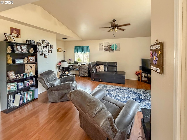 142 NE Stevenson Ct, Myrtle Creek, OR 97457 - living area featuring a ceiling fan, wood finished floors, lofted ceiling, and an office area