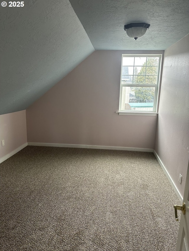 additional living space with baseboards, carpet floors, a textured ceiling, and lofted ceiling