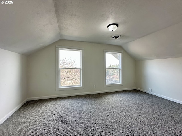 bonus room featuring lofted ceiling, a textured ceiling, and carpet flooring