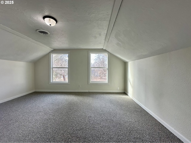 additional living space with lofted ceiling, a textured ceiling, and carpet flooring