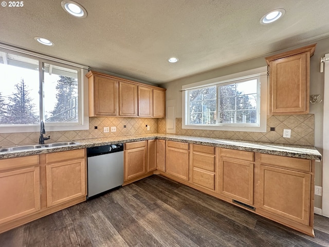 kitchen with dark wood-type flooring, stainless steel dishwasher, sink, and backsplash