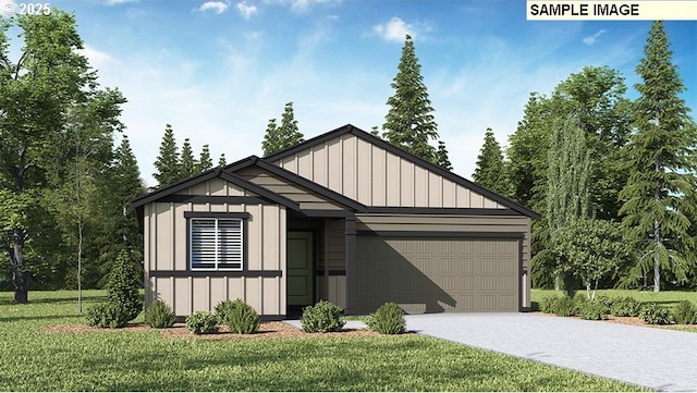 view of front of house with board and batten siding, a front yard, driveway, and an attached garage