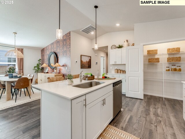 dining space featuring visible vents, wallpapered walls, recessed lighting, and wood finished floors