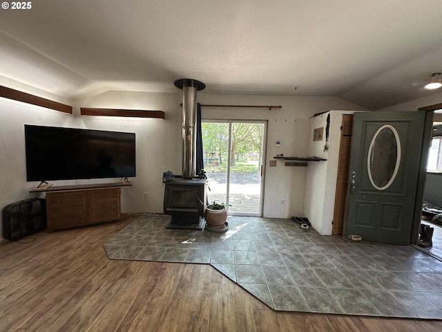 440 N Mountain Blvd, Mount Vernon, OR 97865 - living area with lofted ceiling and a wood stove