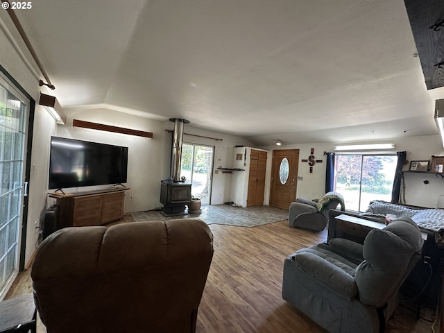 440 N Mountain Blvd, Mount Vernon, OR 97865 - living area featuring lofted ceiling, a wood stove, and wood finished floors