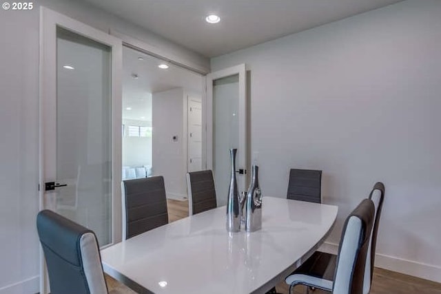 15 Hood St, Camas, WA 98607 - dining area with baseboards, wood finished floors, and recessed lighting