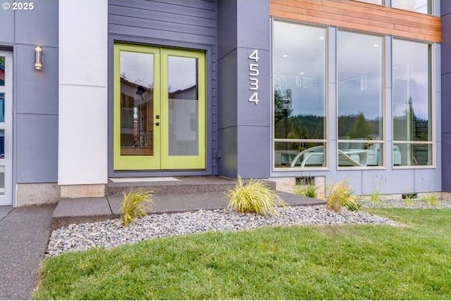 15 Hood St, Camas, WA 98607 - doorway to property with french doors and a lawn