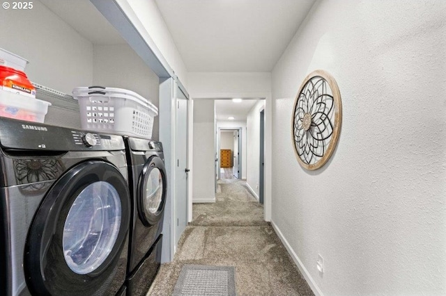 3060 Pine St, North Bend, OR 97459 - laundry area featuring independent washer and dryer, carpet flooring, baseboards, and a textured wall