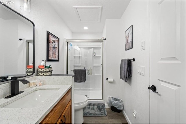 3060 Pine St, North Bend, OR 97459 - full bath with toilet, a shower stall, vanity, wood finished floors, and baseboards