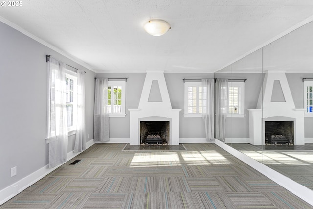 2125 NE 48th Ave, Portland, OR 97213 - unfurnished living room with a fireplace, carpet flooring, baseboards, and ornamental molding