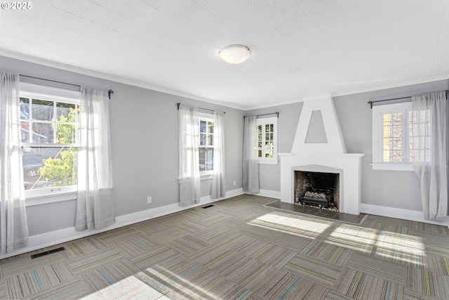 2125 NE 48th Ave, Portland, OR 97213 - unfurnished living room featuring carpet floors, a large fireplace, baseboards, and ornamental molding