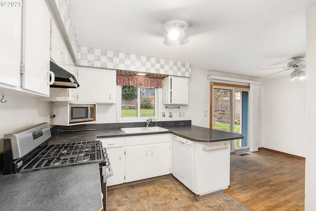 kitchen featuring dark countertops, under cabinet range hood, a peninsula, stainless steel appliances, and a sink