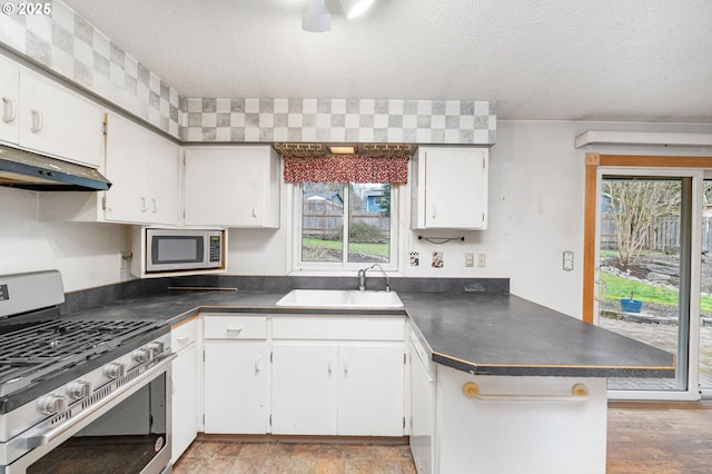 kitchen featuring a sink, under cabinet range hood, dark countertops, appliances with stainless steel finishes, and a peninsula