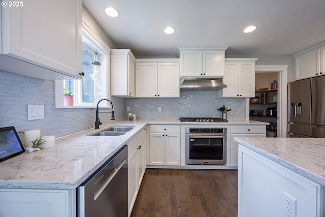 1852 SE Oar Dr, Lincoln City, OR 97367 - kitchen with appliances with stainless steel finishes, a sink, under cabinet range hood, white cabinetry, and backsplash