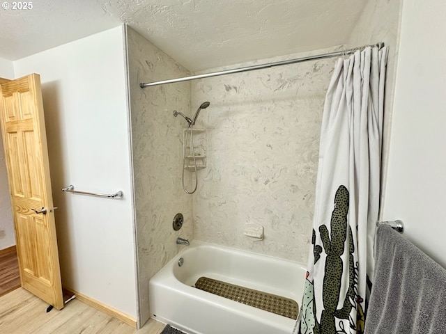 38434 Mckenzie Hwy, Springfield, OR 97478 - bathroom with wood finished floors, shower / tub combo with curtain, and a textured ceiling