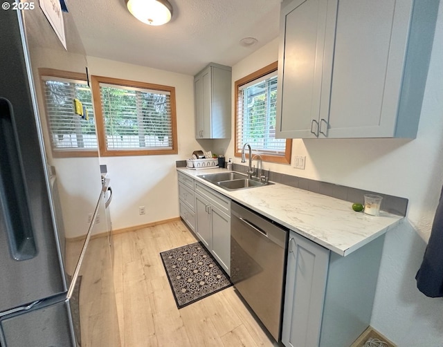 38434 Mckenzie Hwy, Springfield, OR 97478 - kitchen with appliances with stainless steel finishes, a sink, gray cabinetry, light wood-style flooring, and a textured ceiling