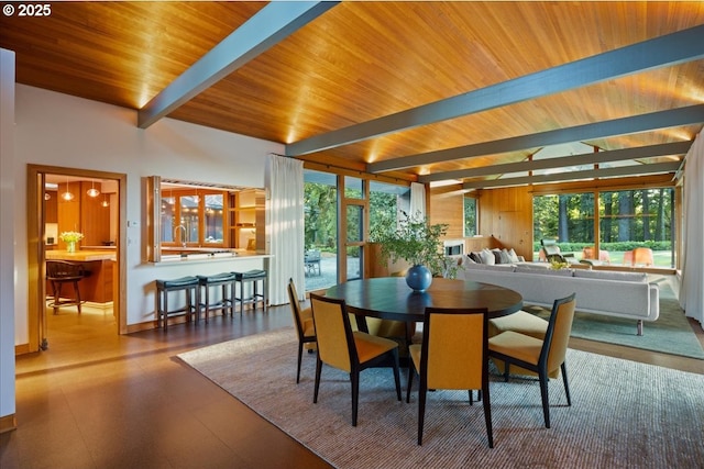 321 NW Hilltop Dr, Portland, OR 97210 - dining space with plenty of natural light, wood ceiling with exposed beams, and baseboards