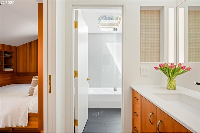 321 NW Hilltop Dr, Portland, OR 97210 - ensuite bathroom with vanity and wood walls