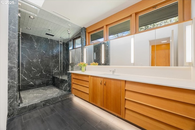321 NW Hilltop Dr, Portland, OR 97210 - bathroom with vanity, a marble finish shower, and tile patterned flooring
