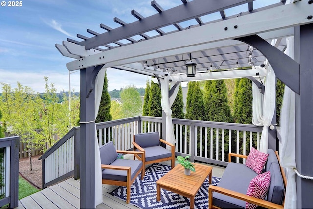 deck featuring an outdoor living space and a pergola
