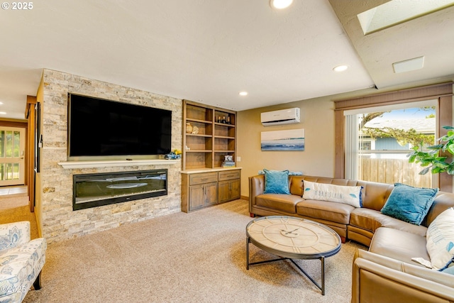 1201 NW Bayshore Dr, Waldport, OR 97394 - living room featuring a wall mounted air conditioner, recessed lighting, light carpet, a fireplace, and built in features