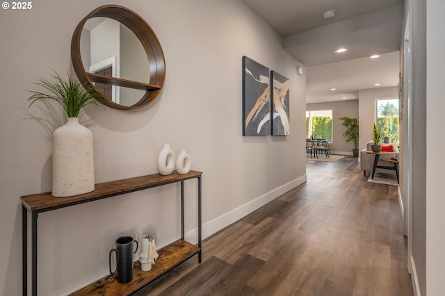 hallway with dark hardwood / wood-style flooring