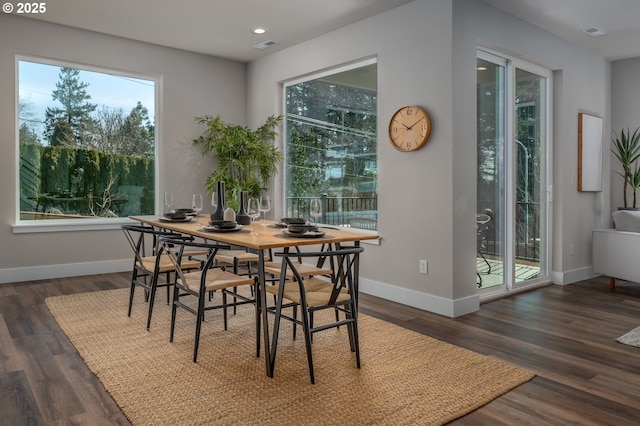 dining area featuring dark wood-type flooring