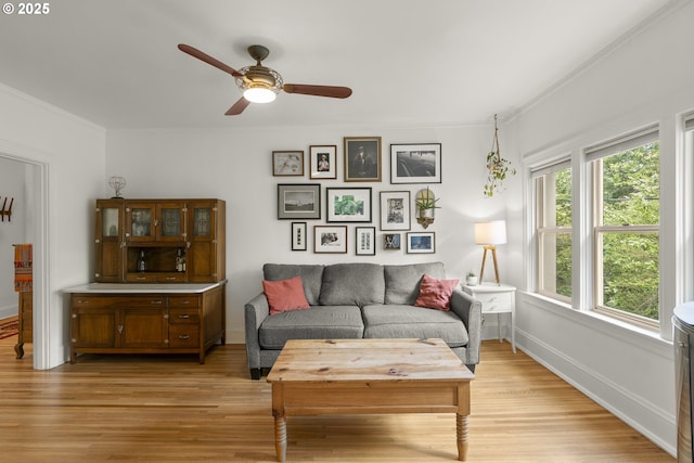 1529 SE Hawthorne Blvd Unit 204, Portland, OR 97214 - living room with ceiling fan, light wood-style flooring, baseboards, and ornamental molding