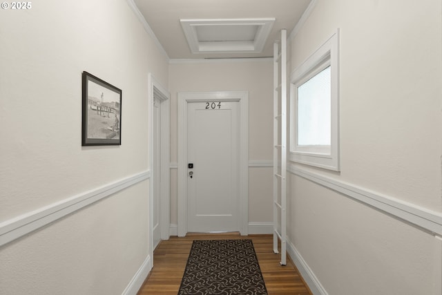 1529 SE Hawthorne Blvd Unit 204, Portland, OR 97214 - hallway featuring dark wood-style flooring and attic access