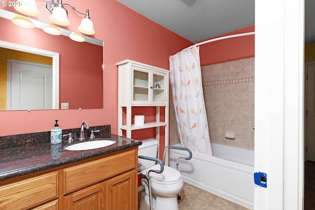 bathroom with vanity, toilet, tile patterned flooring, shower / bath combo with shower curtain, and a notable chandelier