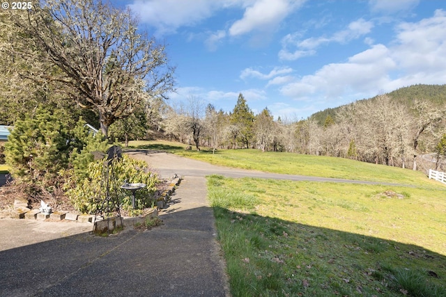 view of road with a wooded view