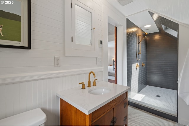 1905 N Sumner St, Portland, OR 97217 - bathroom featuring a stall shower, vanity, and wooden walls
