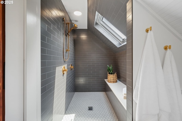 1905 N Sumner St, Portland, OR 97217 - full bath featuring a skylight, tile walls, tiled shower, and tile patterned floors