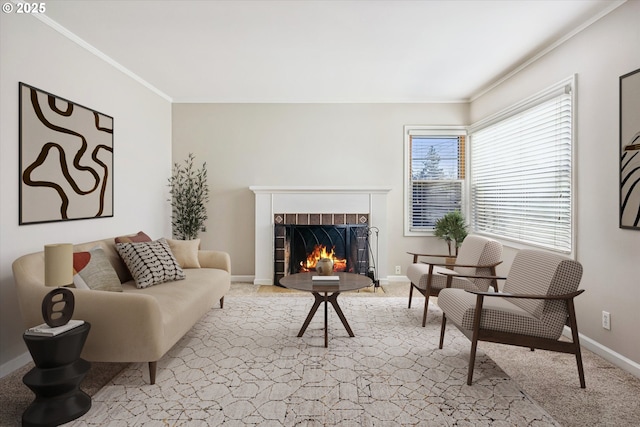 living room featuring light colored carpet and crown molding