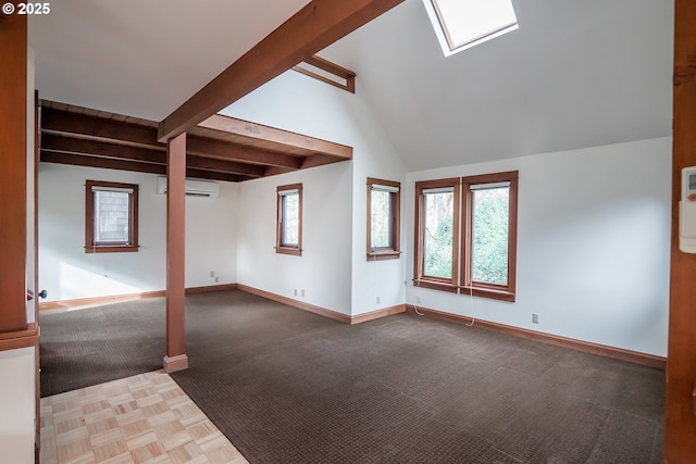 unfurnished room featuring parquet flooring, lofted ceiling with beams, and a wall mounted air conditioner