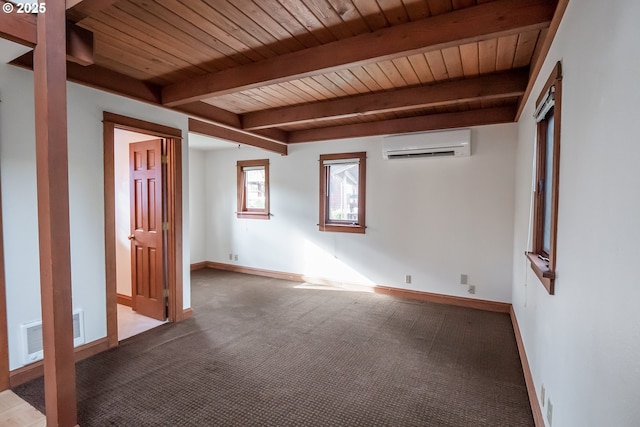 unfurnished room with wooden ceiling, beamed ceiling, and a wall mounted AC