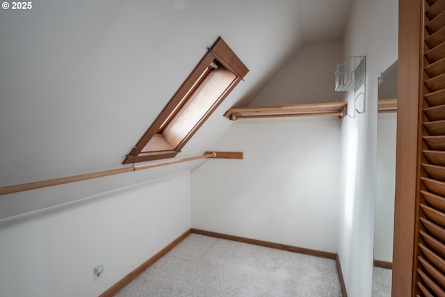 walk in closet with vaulted ceiling with skylight and light carpet