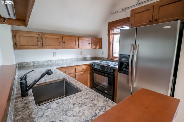 kitchen with light stone countertops, lofted ceiling, sink, stainless steel fridge with ice dispenser, and black electric range