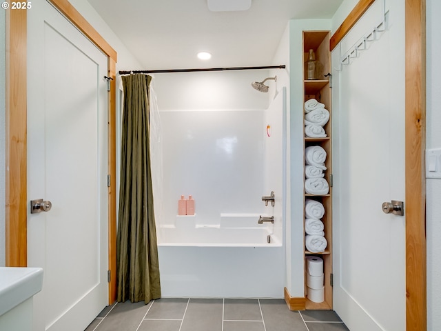 full bath featuring recessed lighting, shower / tub combo with curtain, and tile patterned floors