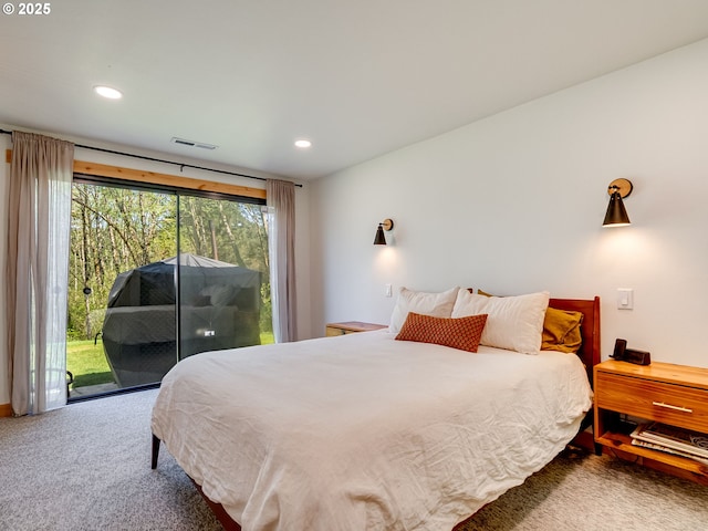 carpeted bedroom with access to outside, recessed lighting, and visible vents