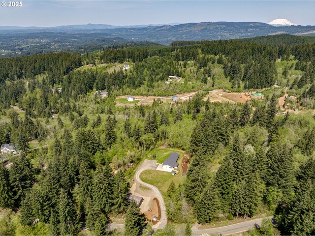 birds eye view of property featuring a view of trees and a mountain view